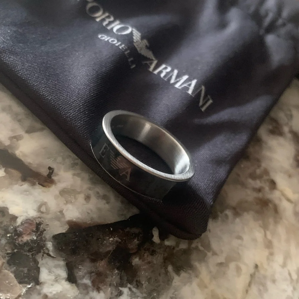 NEW Emporio Armani Black Enamel EA Logo Band, Stainless Steel, Size 9